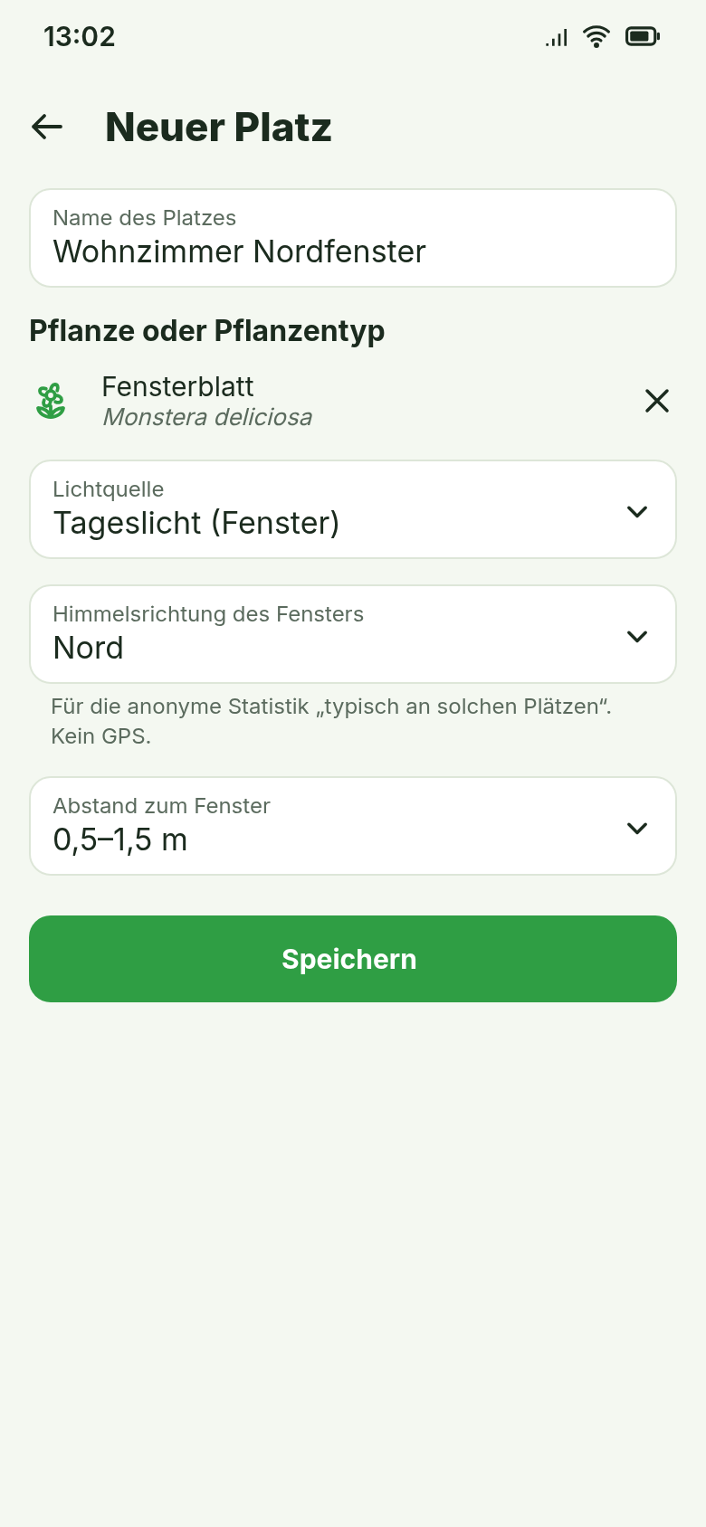 Neuer Platz: Name, Pflanze, Lichtquelle, Himmelsrichtung Nord und Abstand 0,5–1,5 m zum Fenster