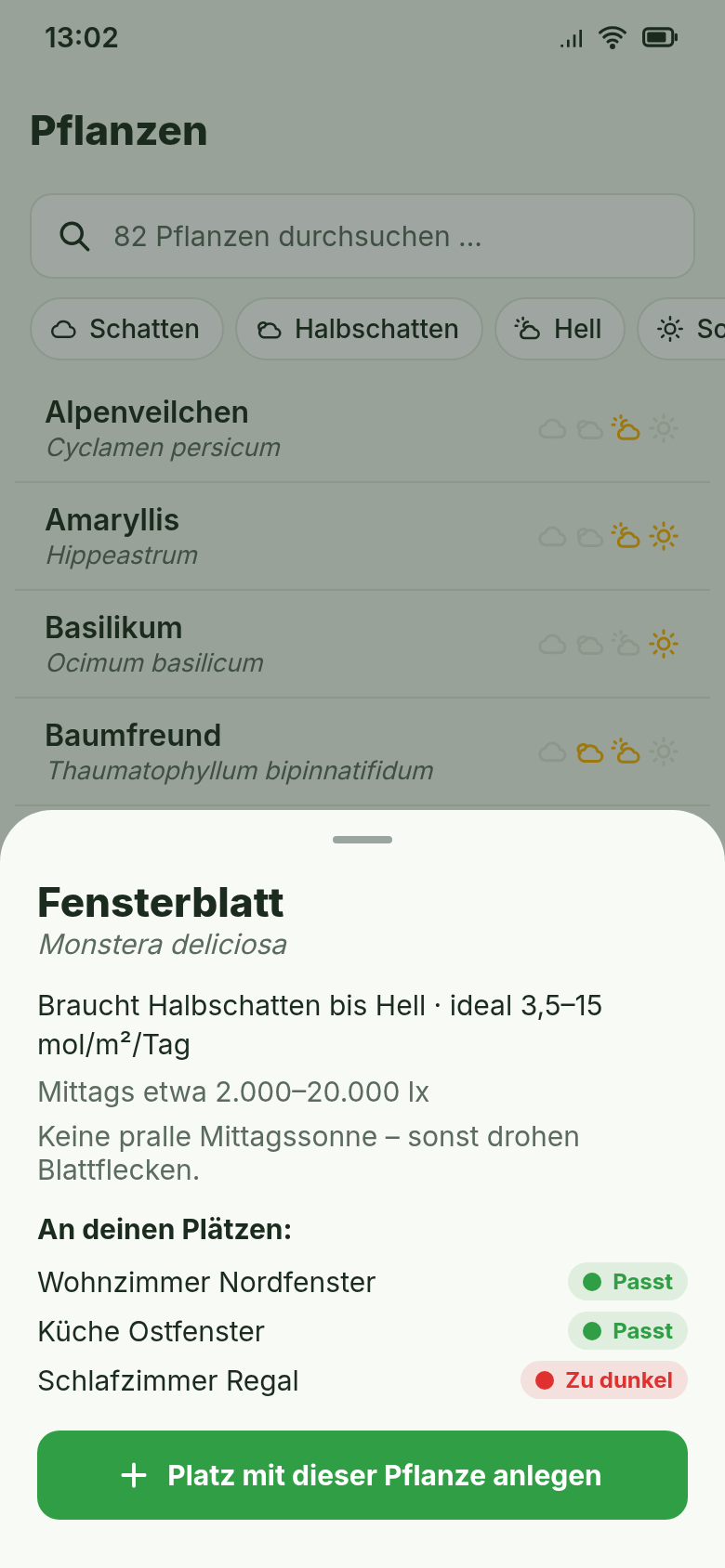 Pflanzenliste mit geöffnetem Fensterblatt: Halbschatten bis Hell, mittags etwa 2.000–20.000 Lux, Ampel für drei Plätze